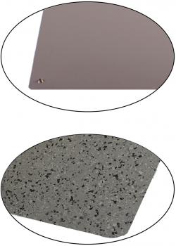 The image shows two material samples. Above, a gray, smooth sheet with a small hole. Below, a gray, textured plate with small black and white dots.