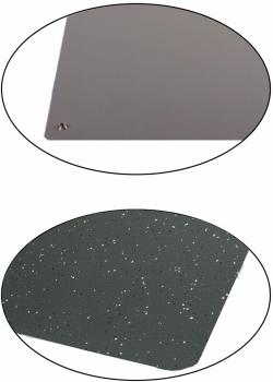 The image shows two rectangular plates. The top one is solid gray, the bottom one is dark with white, sparkling dots. Both are set against white backgrounds.
