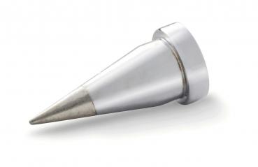 The image shows a conical metal object with a pointed, sharply tapering tip and a wider, round base. It is silvery and shiny. The object is lying at an angle on a white surface.