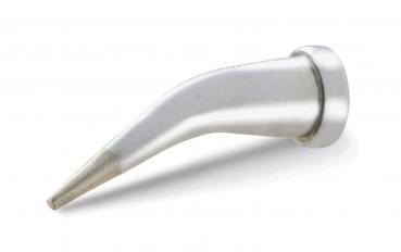 The image shows a shiny, rounded metal attachment with a long, pointed opening. The attachment has a rounded base and a curved shape that slightly tilts upward at the front.