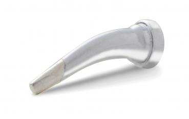 The image displays a metallic piping nozzle with a slightly curved end. The surface is smooth and shiny, and the nozzle features a wide, stable base.