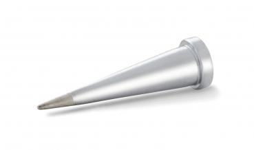 The image displays a silver metallic object in a conical shape. It has a pointed, narrow tip and a wider, flat base. The object could be a pen or a tool.