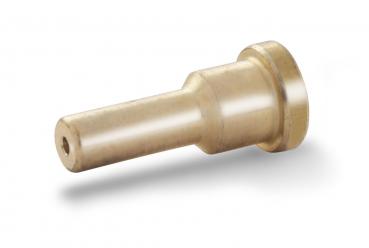 The image displays a narrow, cylindrical metal pin with a flattened base. The surface is smooth and shiny, and it has a hole at one end.