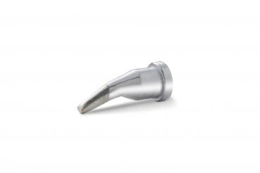 The image shows a silver, metallic nozzle that is slightly tilted forward. It has a round base and ends in a narrow, conical opening.