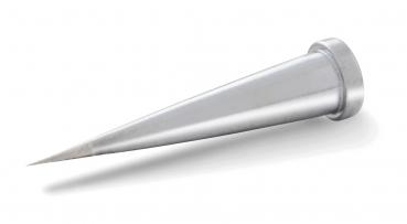 The image displays a silver metallic object in a conical shape. It has a pointed, narrow tip and a wider, flat base. The object could be a pen or a tool.