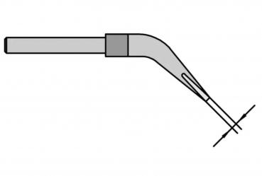The image displays a graphic icon of a welding device. It features a long, straight handle and a curved head with a narrow nozzle pointed at a line.