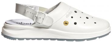 The image shows a white clog with a dark blue strap and a buckle. The sole is thick and provides good grip. A small yellow logo is also visible.