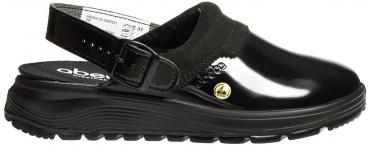 The image shows a white clog with a wide, narrow strap and a removable sole. The surface is shiny, and there is a small logo on the side.