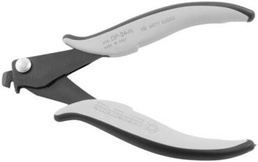 The image shows a pair of pliers with long, oval handles in black and gray. The head of the pliers is slightly curved and has a shiny, black surface.