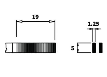 The image displays a technical drawing of an object with the dimensions: 19 mm length, 5 mm width, 1.25 mm height. The page is structured, and there is a special shape at one end.