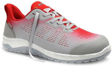 The shoe is sporty, primarily gray with red accents. It has a flat, non-slip sole and a breathable upper structure. The laces are visible.