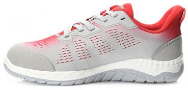 The shoe is a sporty sneaker in gray with red accents. It has a breathable surface, a padded heel, and a flexible, grippy sole.