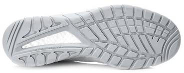 The image shows the underside of a gray sports shoe. The sole features a textured pattern with grooves and studs for better grip. The background is neutral and bright.