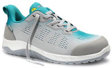 The shoe is a sporty sneaker in gray and turquoise. It has a breathable surface with side holes and a flexible rubber sole. The laces are loosely tied.