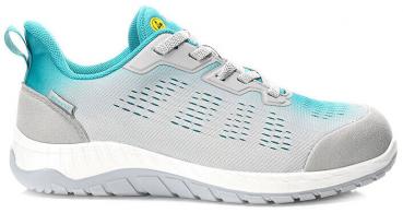 The shoe is a lightweight, gray sports shoe with blue accents. It has a non-slip sole and mesh-like inserts for better ventilation. The design is modern and sporty.