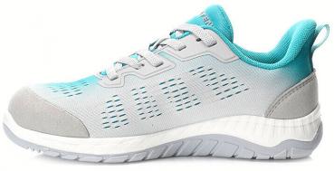The shoe is sporty, with a gray and turquoise upper. It has breathable inserts and a bright, non-slip sole. The shape is sleek and modern.