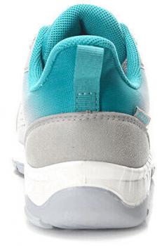 This is a sports shoe made of gray and turquoise material. The heel is slightly raised and the shoe has a white sole. The upper appears soft and padded.