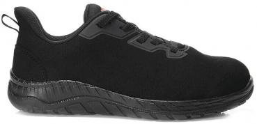 The shoe is a black athletic shoe with a flat sole and a seamless surface. It has laces and a small tab at the back for pulling it on.