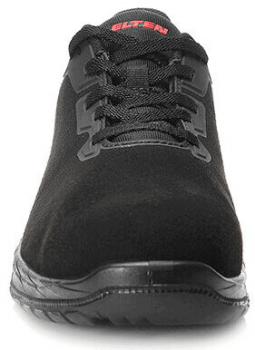 The image shows a black suede shoe with a round toe and lacing. It has a padded sole for comfort and looks sporty.