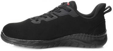 The image displays a black athletic shoe with a continuous, non-slip sole. It features a simple design with a flat shape and a padded heel for comfort.