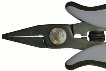 The image shows a pair of pliers with pointed, metallic jaws. The handle is ergonomically designed with a white and black rubber surface, ideal for gripping and cutting.