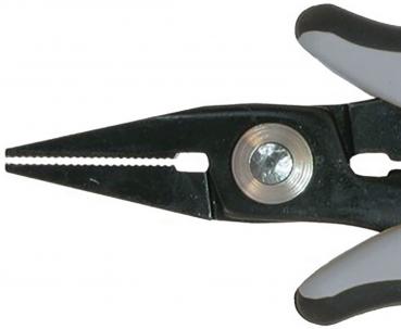The image shows a pair of pliers with pointed, narrow jaws. The pliers are black with gray rubber grips. A round screw connects the two parts of the pliers. The jaws have a serrated surface.