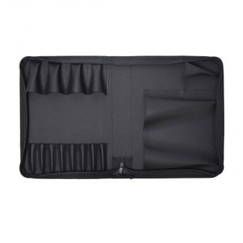 The picture shows a black, open bag with multiple compartments. On the left side, there are narrow pockets for pens or tools. On the right, there is a larger compartment and a flat, sewn-on pocket.