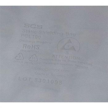 Das Bild zeigt ein transparentes Stück Material mit bedruckter Information. Es enthält die Bezeichnungen ?SCS?, ?Static Shielding Bag? und ?RoHS?, sowie Warnhinweise und eine Seriennummer.