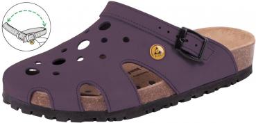 The image shows a purple clog with ventilation holes. It has a padded footbed and an adjustable strap on the side. The sole is black and slip-resistant.