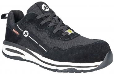 The shoe is a black, lace-up half shoe with a padded toe and a sturdy material mix of leather and textile. The sole is thick and provides good grip.