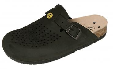 Der Schuh ist ein schwarzer Clog mit vielen kleinen Löchern für Belüftung. Er hat einen verstellbaren Riemen und eine helle Innensohle aus Kork. Die Sohle ist griffig und flexibel.