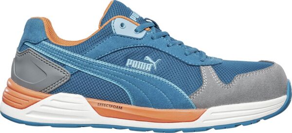 The shoe is a sporty sneaker in blue with gray and orange accents. It has a cushioned sole and breathable material for comfort. The logo is clearly visible.