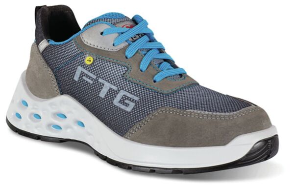 The shoe is sporty, has a black upper with blue accents. The sole is white and has larger holes for ventilation. The laces are also blue.