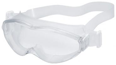 Das Bild zeigt eine klare Schutzbrille mit einem flexiblen Gummiband. Sie hat eine geschlossene Form, um die Augen zu schützen, und ist leicht, sodass sie bequem sitzt.