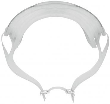 Das Bild zeigt eine durchsichtige, halbrunde Schutzvisier-Maske. Sie hat einen flexiblen, weißen Halterungsgurt, der um den Kopf getragen wird, um das Gesicht zu schützen.