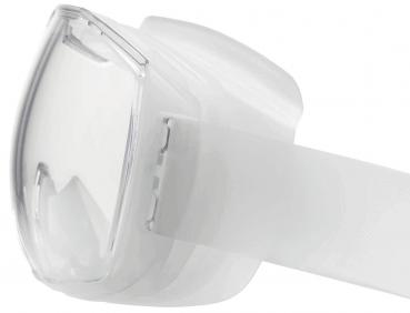 Das Bild zeigt eine transparente Schwimmbrille mit einem breiten, weißen Kopfband. Die Gläser sind klar, und die Form ist oval, ideal zum Schutz der Augen im Wasser.