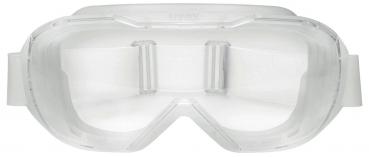 Auf dem Bild sind Schutzbrillen zu sehen. Sie sind transparent und haben ein breites, elastisches Band für einen sicheren Sitz. Die Gläser sind groß und rahmenlos, ideal für Schutz.