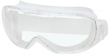 The image shows a clear safety goggle. It features a wide, flat design with a transparent lens and an elastic band for a secure fit.