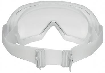 Das Bild zeigt eine weiße Schutzbrille mit einer breiten, flexiblen Band, das zwei Anpassungsschnallen hat. Sie hat ein gebogenes, transparentes Glas und ist für verschiedenen Aktivitäten geeignet.