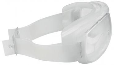 Das Bild zeigt eine transparente Schutzbrille mit einem breiten, elastischen Band. Die Brille hat eine glatte Oberfläche und ist so geformt, dass sie eng anliegt und Augen schützt.