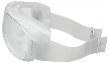 Das Bild zeigt eine transparente Schutzbrille mit breitem, elastischem Band. Die Gläser sind groß und abgerundet, um das Gesicht gut zu bedecken. Ideal zum Schutz der Augen.