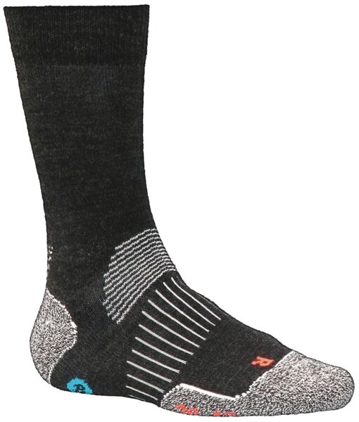 In the picture is a black sock with various textures and patterns. The sock features colored accents in blue and orange and is cut to mid-calf length.