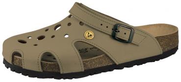 The shoe is an open, comfortable clog in olive green with holes for ventilation. It has a strap with a buckle for a better fit and a grippy, black sole.