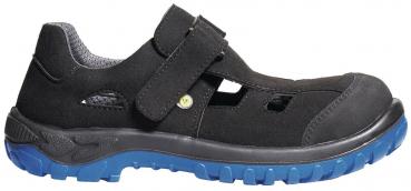 Der Schuh ist ein schwarzer Halbschuh mit Schnürsenkeln und einer blauen Gummisohle. Die Zehenkappe ist verstärkt, was für Schutz sorgt. Material wirkt robust und strapazierfähig.
