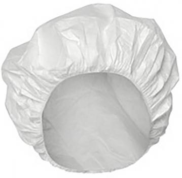 Das Bild zeigt eine weiße Haube aus leichtem, plastikähnlichem Material. Die Haube hat einen elastischen Saum und eine weite, runde Öffnung, die oben geöffnet ist.