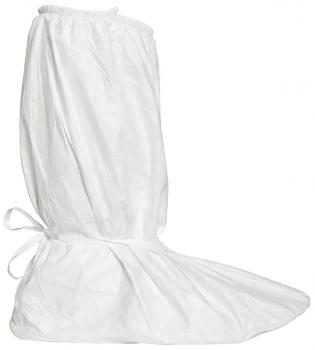 The image shows a simple, white overshoe cover made of lightweight material. It has an elastic band at the top and is open to the tip of the foot to protect the shoe.