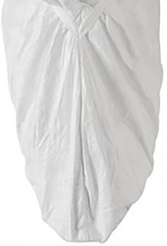 The image depicts a simple, white textile piece that hangs loosely. It has folds and a symmetrical shape that converges in the middle. The surface appears light and smooth.