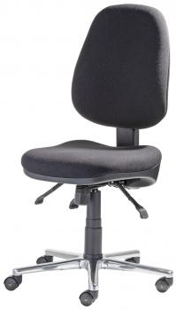 The chair is ergonomically designed, has a high backrest and a padded seat. It stands on five casters and has an adjustable mechanism. The color is black.