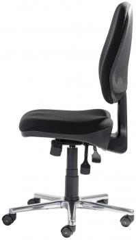 The image shows a black office chair with a padded seat and a high backrest. It has a chrome-colored base with casters and adjustable levers.