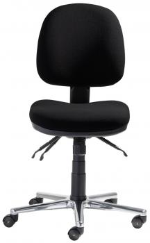 The image shows a black office chair with a padded seat and a round backrest. It has an adjustable height and five casters for mobility.